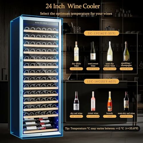 24 inch wine cooler with temperature recommendations for different wines.