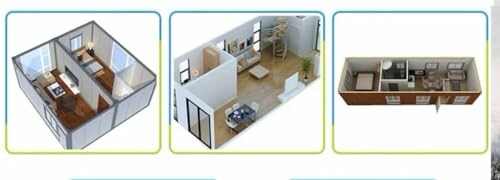 3D renderings of apartment layouts with rooms and furniture.