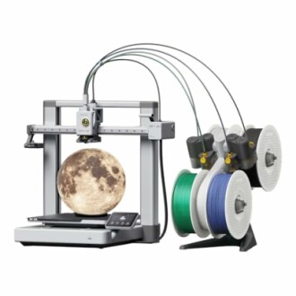 3D printer with a moon object and filament spools.