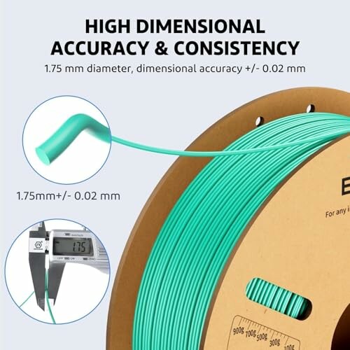 Spool of teal 3D printing filament with 1.75 mm diameter and accuracy measurement.