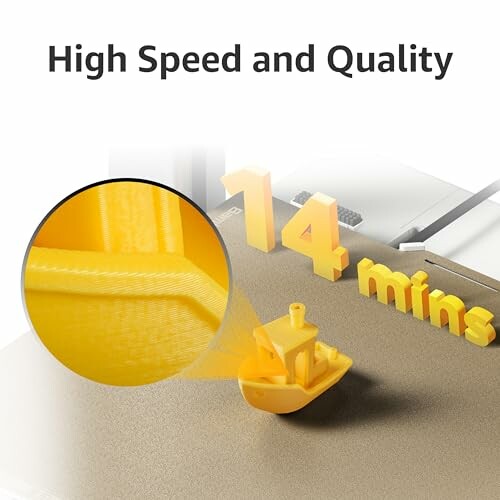 3D printer showcasing high speed and quality with a model ship printed in 14 minutes.
