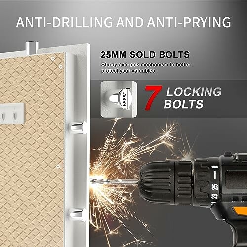 Anti-drilling and anti-prying safe with 7 locking bolts and drill.