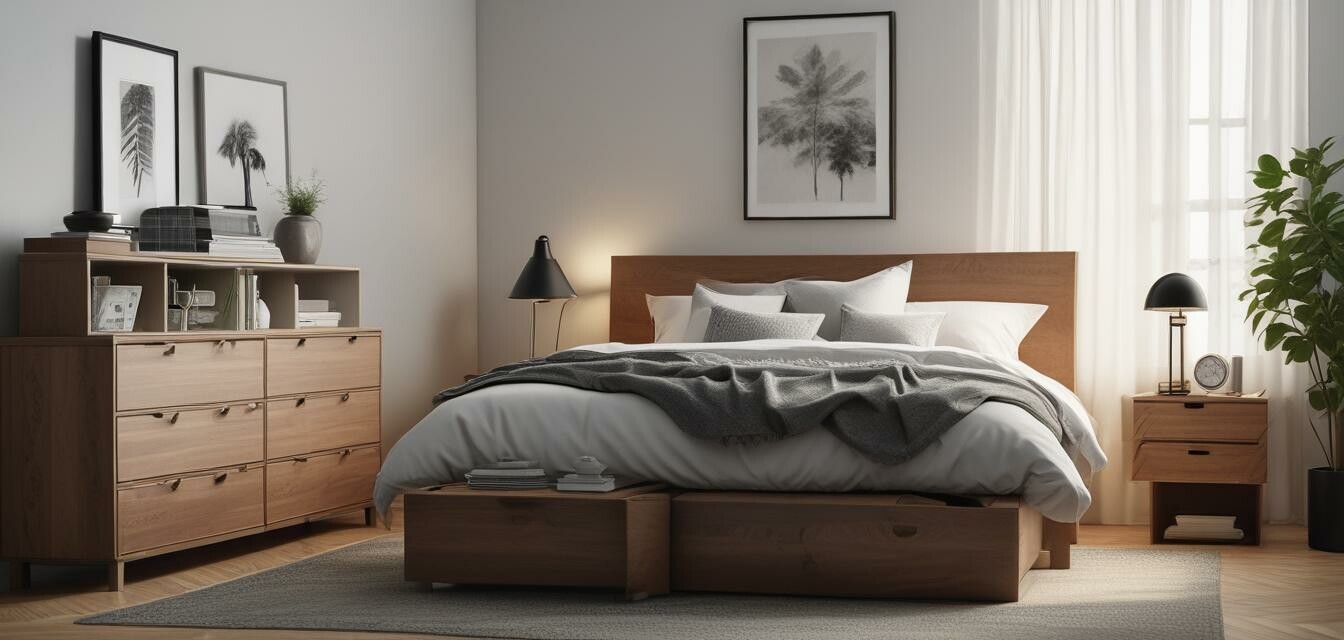 Organized bedroom featuring innovative storage solutions.