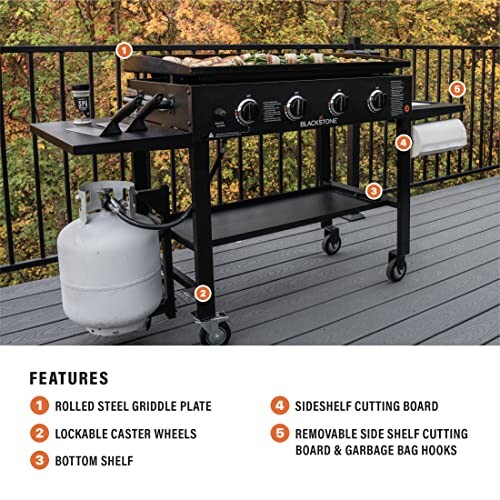 Outdoor Blackstone griddle grill with features labeled.