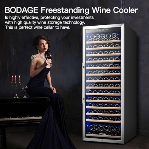 Elegant woman with wine next to freestanding wine cooler.