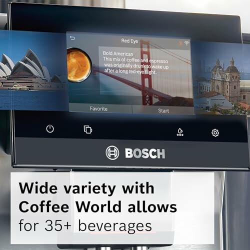 Bosch coffee machine display with coffee options and landmarks.