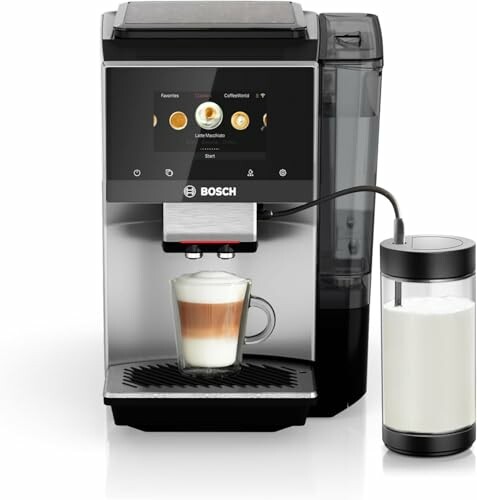 Bosch coffee machine with milk container and latte.