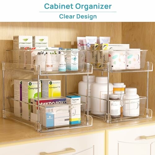 Clear cabinet organizer with various containers and products