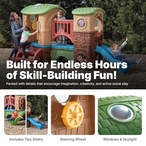 Children playing on an outdoor playhouse with slides.