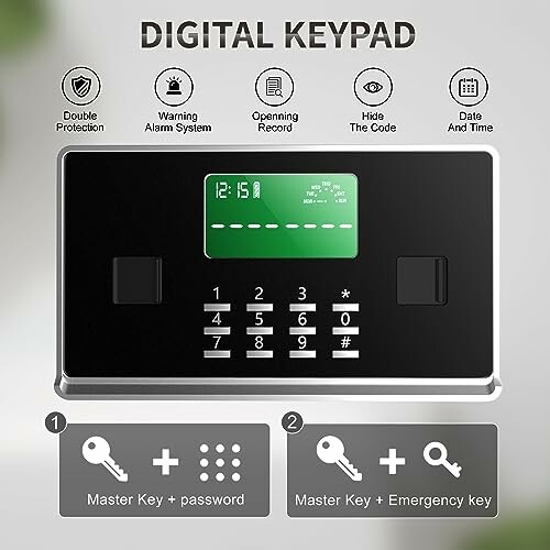 Digital keypad for secure access with alarm system features.