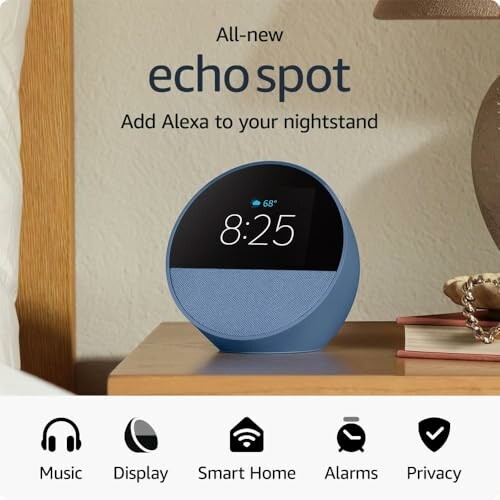 Echo Spot smart speaker on nightstand with digital clock display and Alexa integration.