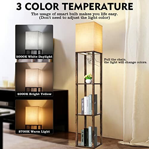 Floor lamp with 3 color temperature options: white daylight, bright yellow, and warm light.