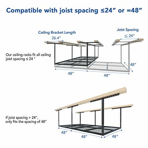 Ceiling storage racks compatible with joist spacing of 24 or 48 inches.