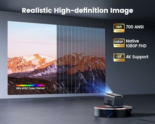 Projector displaying high-definition image with text highlighting features like 700 ANSI, 1080P FHD, and 4K support.