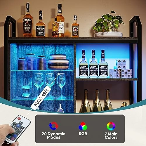 LED lighted liquor shelf with bottles and glasses.