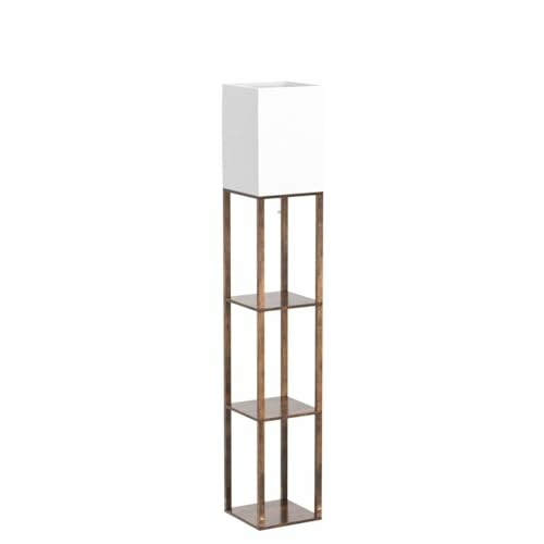 Tall floor lamp with shelves and a white lampshade.