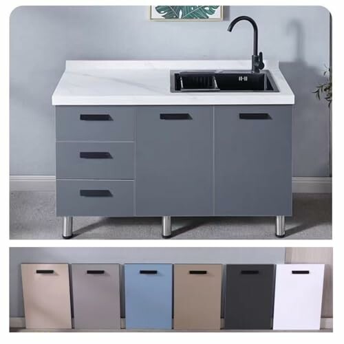 Modern kitchen sink cabinet with multiple color options.