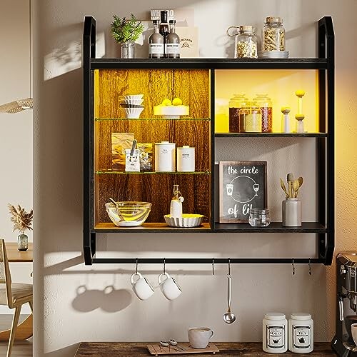 Modern kitchen wall shelf with jars, cups, and decor items.