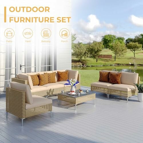 Outdoor furniture set on a patio with chairs and table.