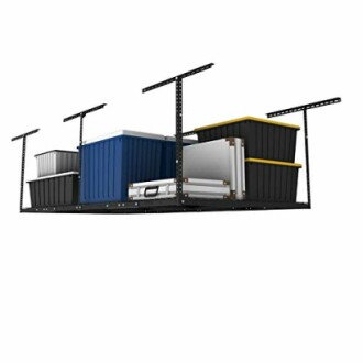 Overhead garage storage rack with various containers.