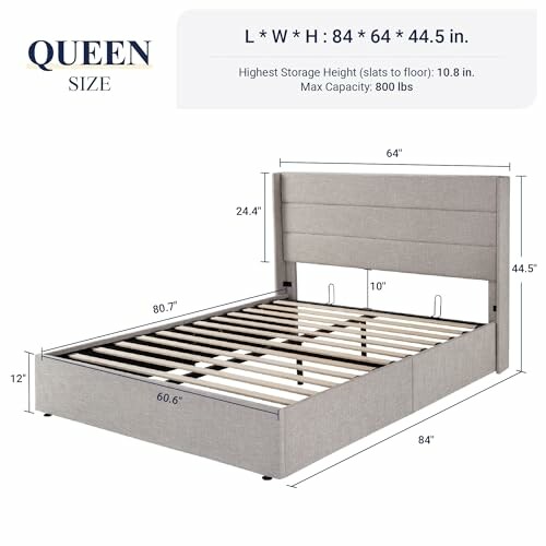 Dimensions and features of a queen size bed frame.