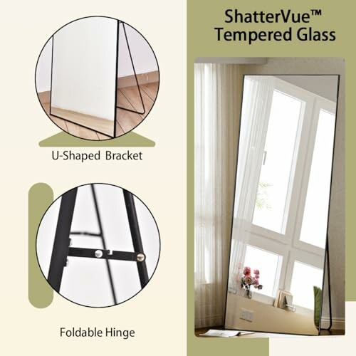 ShatterVue tempered glass mirror with U-shaped bracket and foldable hinge.