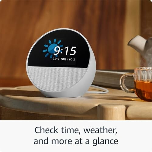 Smart clock showing time, weather, and date.