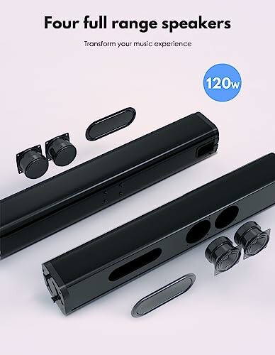 Disassembled soundbar showing four full range speakers and components.