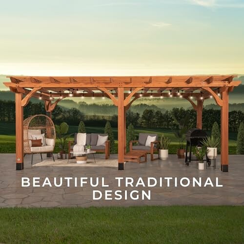 Outdoor patio with wooden pergola and seating area