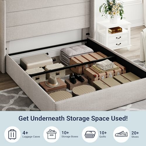 Under-bed storage with luggage, boxes, quilts, and shoes.