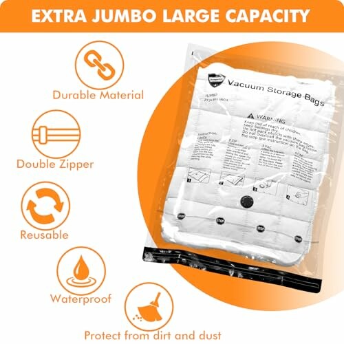 Extra jumbo large vacuum storage bag with durable material, double zipper, reusable, waterproof, and dust protection features.