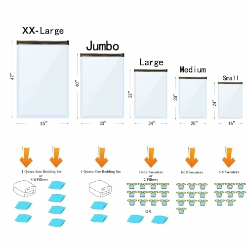 Chart showing vacuum storage bag sizes and their capacity.