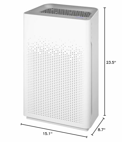 White air purifier with dimensions 23.5 x 15.1 x 8.7 inches.