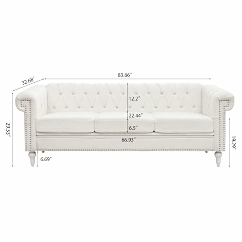 White tufted sofa with dimensions labeled.