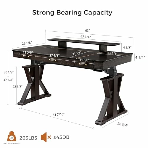 Wooden desk with dimensions and weight capacity.